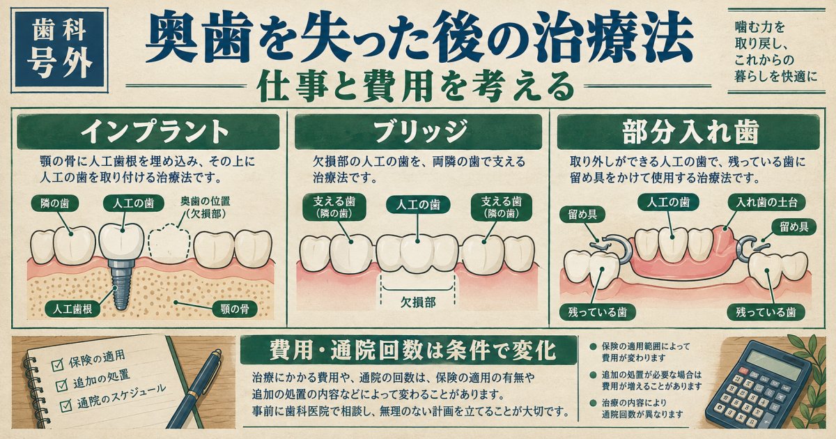 奥歯を失った後の治療選択肢｜仕事と費用を考える3つの方法